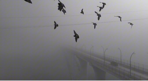 Yoğun sisten kaybolan yapılar dronla görüntülendi