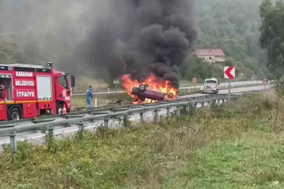 Zonguldak’ta takla atan otomobil alevlere teslim oldu: 1 yaralı
